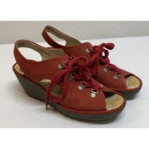 Vintage Fly London Red Lace Up Wedge Sandals EU 39 US 8.5 Y2K Boho Shoes